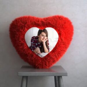 Personalised Heart-Shaped Red Fur Cushion with Photo